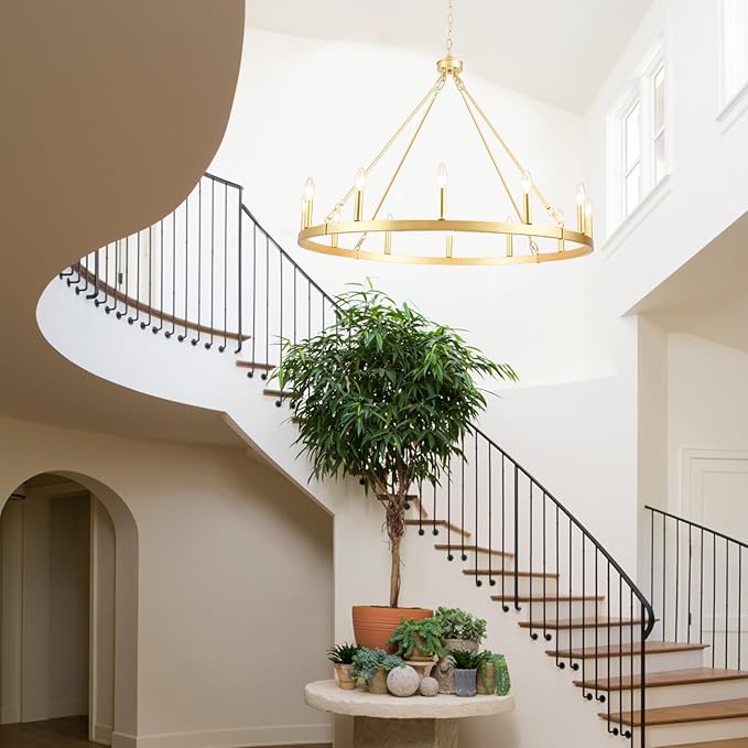 Gold Wagon Wheel Chandelier for Dining Room Light Fixture 12Light Gold Chandelier for Foyer 38inch 27-86" Height Adjustable Pendant Light for Flat Sloped Ceilings Dining Room Kitchen Island Entryway