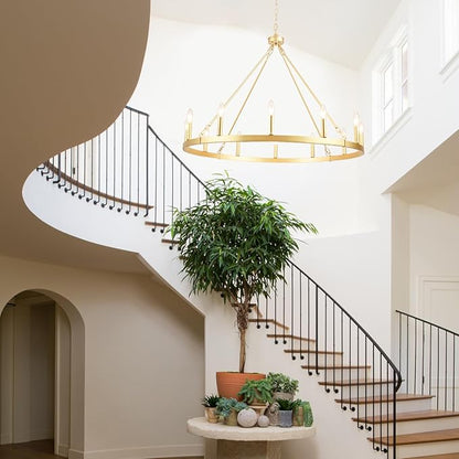Gold Wagon Wheel Chandelier for Dining Room Light Fixture 12Light Gold Chandelier for Foyer 38inch 27-86" Height Adjustable Pendant Light for Flat Sloped Ceilings Dining Room Kitchen Island Entryway