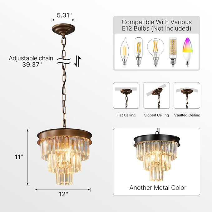 Modern Crystal Chandeliers For Dining Room: 4 Lights 12" Small Vintage Hanging Pendant Light Fixture Over Table - Antique Copper Mini Round Chandelier For Kitchen Island Bedroom Entryway Foyer Closet