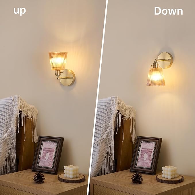 Shenmoyl Vintage Wall Sconces Set of 2 with Amber Stripe Glass Lampshade 180 Degree Adjustable Brass Sconces Hradwired Modern Wall Lighting Fixture with Switch for Bedside Bedroom Doorway