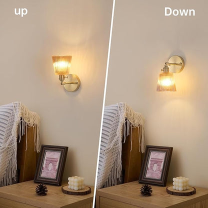 Shenmoyl Vintage Wall Sconces Set of 2 with Amber Stripe Glass Lampshade 180 Degree Adjustable Brass Sconces Hradwired Modern Wall Lighting Fixture with Switch for Bedside Bedroom Doorway