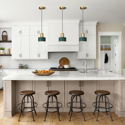 Natural Stone Pendant Lights Kitchen Island, Dark Green Brass Pendant Light Fixtures, Pendant lamp Marble Cylinder Shade Copper, for Bedroom Bathroom Dining Room Living Room(1-Pack)