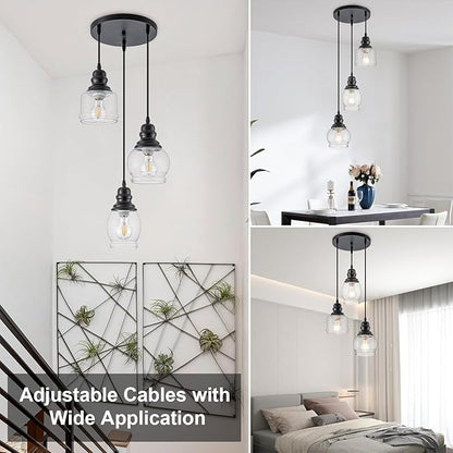 WILON Pendant Light Fixtures, 3 Light Pendant Lighting for Kitchen Island Industrial Hanging Pendant Lighting with Seeded Glass Shade, Black Glass Pendant Light for Dining Room Kitchen Island