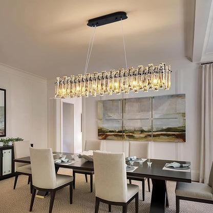 Modern Luxury Rectangular K9 Crystal Chandelier for Dining Room Living Room Kitchen Island Entryway Foyer L43 Easy Install Adjustable Hight 6-Light Ceiling Hanging Light Fixture Black