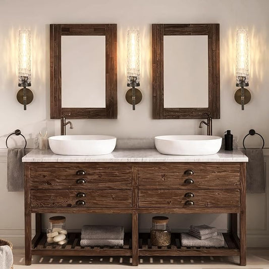 Bronze Wall Sconces Set of 2, 19.5" Brushed Brass Knurled Bathroom Wall Sconces with Water Ripple Glass Shade, Dimmable Indoor Vanity Wall Light Fixtures for Living Room Hallway Bedroom