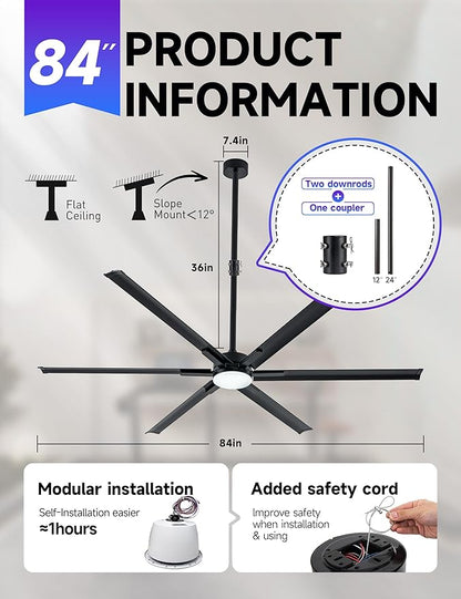 84In Large Ceiling Fan with Black Aluminum Blades,Industrial Ceiling Fan with Dimmable Light,12"/24" Downrod,Extension Coupler,6 Speed,Noiseless DC Motor Indoor Outdoor Covered Patio,Commercial