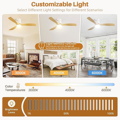 CACI Mall 52 Inch Wood Flush Mount Ceiling Fan with Lights, 3 Blades, Low Profile, Modern, 3CCT, Dimmable, Noiseless, Remote Contral, Outdoor Indoor Ceiling Fans for Bedroom/Farmhouse/Patio