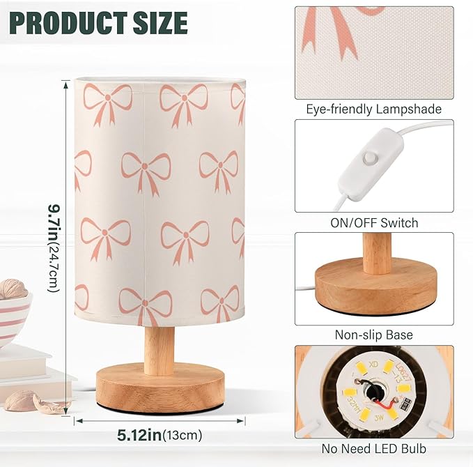 Bedside Table Lamp Ribbon Bow Cute Nightstand Lamp with Wood Desk Lamps for Bedroom Living Room Nursery Office Home Decor