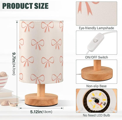 Bedside Table Lamp Ribbon Bow Cute Nightstand Lamp with Wood Desk Lamps for Bedroom Living Room Nursery Office Home Decor