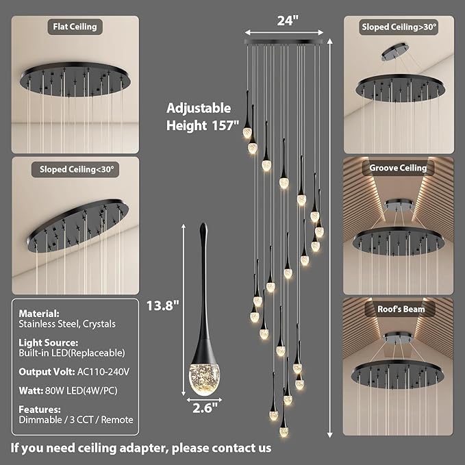 Raindrop Crystal Chandelier High Ceiling: 20 Lights Dimmable LED With Remote - Large Long Modern Bubble Hanging Pendant Light Fixture Spiral Chandeliers for Living Room Staircase Entryway Foyer Black