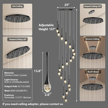 Raindrop Crystal Chandelier High Ceiling: 20 Lights Dimmable LED With Remote - Large Long Modern Bubble Hanging Pendant Light Fixture Spiral Chandeliers for Living Room Staircase Entryway Foyer Black