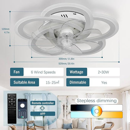 Ceiling Fan with Lights Low Profile Ceiling Fan with Lights Remote Control, 6 Speeds 3 Light Color Flush Mount Fan Lamp for Kitchen Bedroom 20.4" White