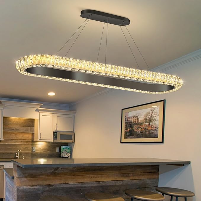 47'' Oval Ring Crystal Chandelier Modern LED Dimmable Ring Pendant Light Chandelier for Dining Room Living Room Black
