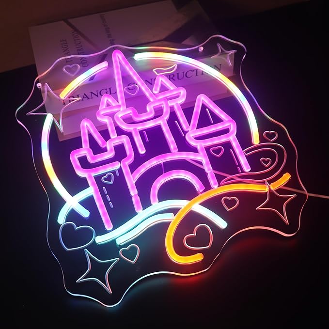Magic Castle Fairy Tale Neon Light - Princess Pink Blue LED Wall Lamp for Girls Bedroom Decor, Dimmable USB Night Light with Hanging Kit, Enchanted Birthday Party Wall Art Gift for Kids