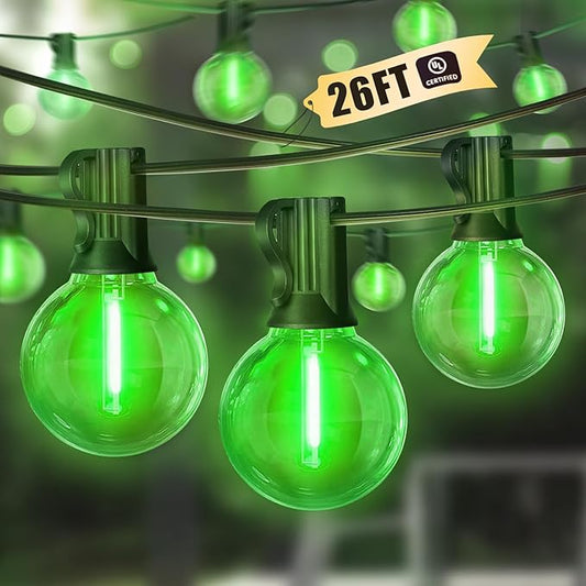 LAMPHOME Green LED Outdoor String Lights, 26FT Patio Lights with 12+1 Shatterproof Edison Bulbs, UL Waterproof Connectable Dimmable Hanging Lights for Backyard Porch Garden Deck Balcony Decor
