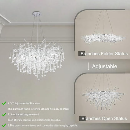 Chandeliers for Dining Room - 23.6" Modern Silver Crystal Chandelier, Round Tree Branch Raindrop Chandelier, Foyer Chandeliers for Entryway, Living Room,Bedrooms,Bathroom(Bulb not Included)