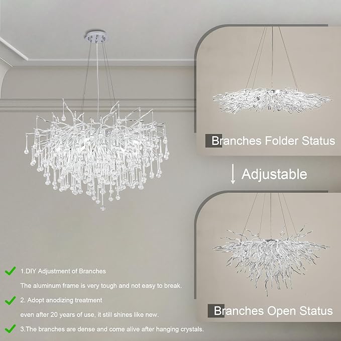 Chandeliers for Dining Room - 31.5" Modern Silver Crystal Chandelier, Round Tree Branch Raindrop Chandelier, Foyer Chandeliers for Entryway, Living Room,Bedrooms,Bathroom(Bulb not Included)