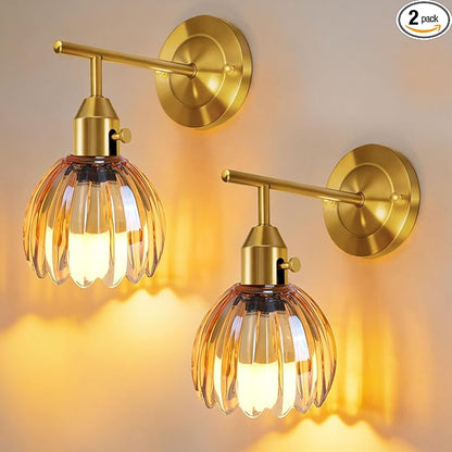 Vintage Gold Wall Sconces Set of 2 with Cute Amber Tulip Glass Lampshade, Hardwired and Wireless Wall Mounted Light Fixtures (2 Usage Methods) with Switch for Bedside Bedroom Living Room Wall Decor