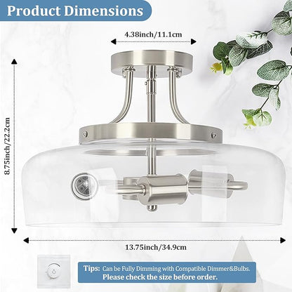 3-Light Semi Flush Mount Light Fixture, Modern Industrial Glass Ceiling Light with E26 Base, Metal Semi Flush Ceiling Light for Living Room Kitchen Bedroom Hallway Balcony, No Bulbs, Brushed Nickel