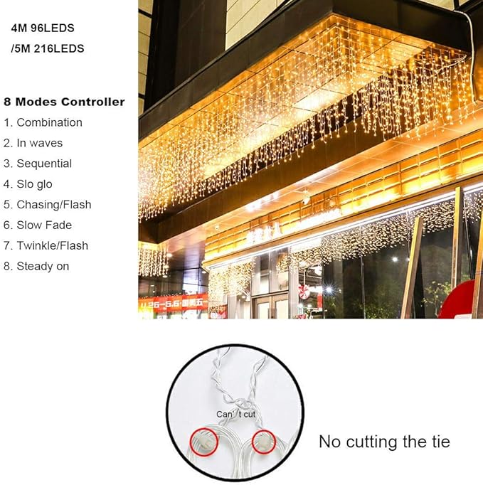ZIMINGU Icicle Diwali Lights Outdoor, Christmas Hanging Window Curtains Dangling 16.4FT 216LEDs 8 Modes Weeping Willow Ceiling Fairy String Lights, Warm White, 5M