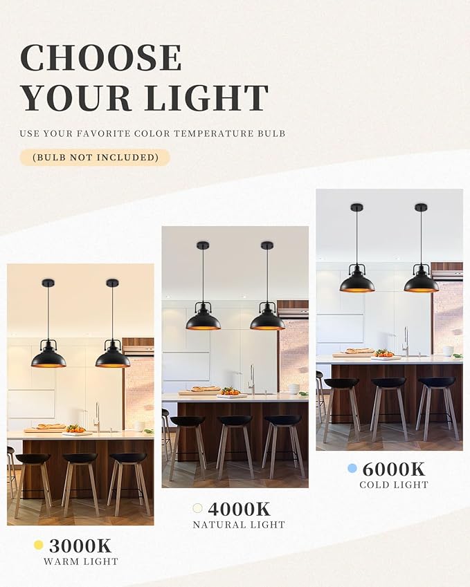 Black Pendant Lights Farmhouse Pendant Light Fixture 11.5in 2 Pack, Adjustable Height, Vintage Pendant Lights for Kitchen Island, Dining Room Barn, Bar, Living Room