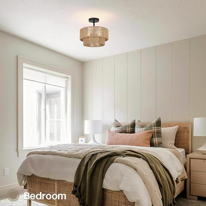 12.6'' Boho Light Fixtures Ceiling Mount, Coastal Hemp rope Semi Flush Mount Ceiling Light Fixture,3-Light Rustic Rattan Ceiling Light With 2-Tier Drum Shade, Nursery Light Fixture Bedroom Chandelier