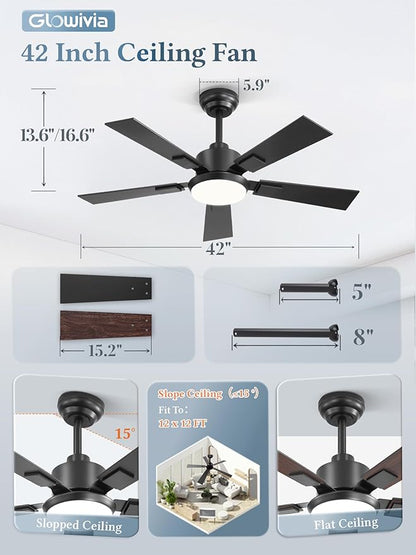 42 Inch Ceiling Fans with Lights and Remote&APP Control, Black Smart Ceiling Fan with 3000-6000K Dimmable, 6 Speeds Quiet Reversible Motor, Indoor/Outdoor Ceiling Fan for Bedroom Living Room