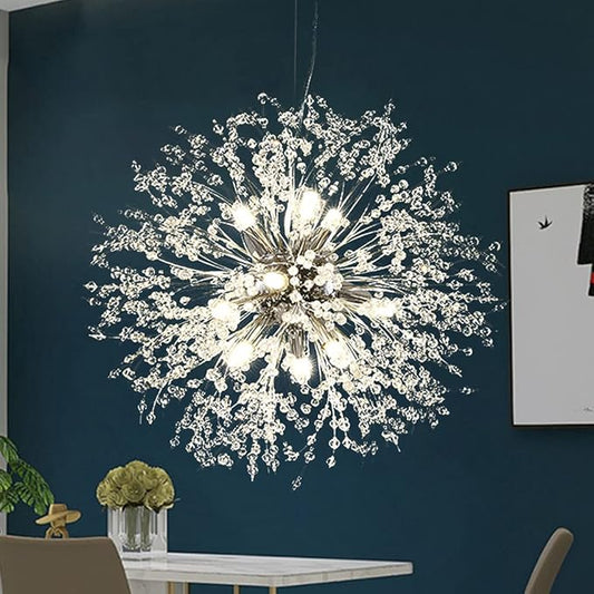 Modern Firework Chrome Crystal Chandeliers, Sputnik Dandelion Chandelier Light Fixture Pendant Lighting for Dining Room, Living Room, Bedroom, Kitchen, Restaurant- 9 Lights