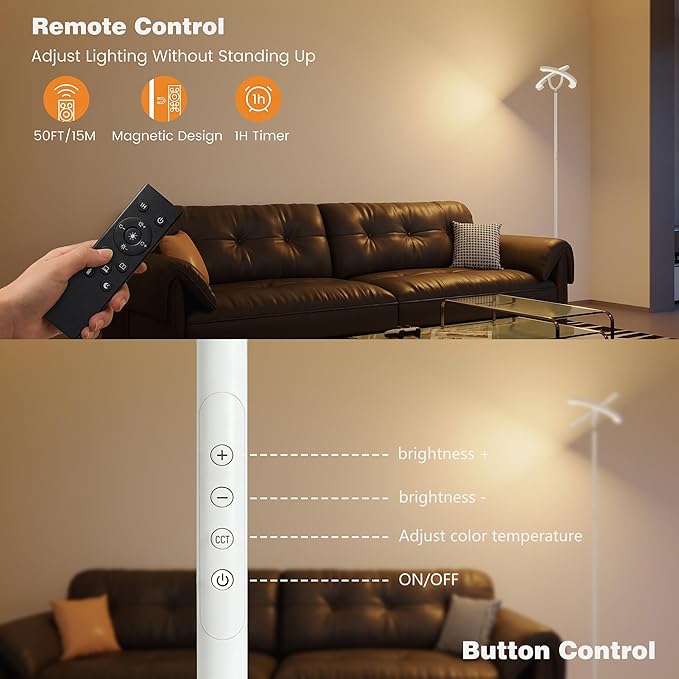 【Upgraded】Modern LED Floor Lamp - 30W Super Bright Standing Lamp, 350° Rotating Reading Floor Lamp with Remote Control, 3000K-6500K Stepless Dimmable, Tall Floor Lamp for Living Room, Bedroom, Office