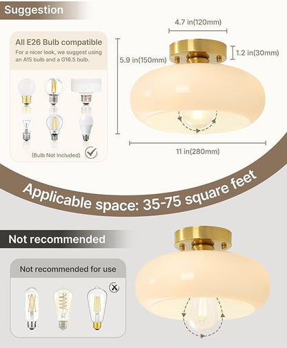 Yunnix Semi Flush Mount Ceiling Light, Gold Light Fixture, Mid-Century Modern Farmhouse Milk Glass Small Light Fixtures for Hallway, Bathroom, Kitchen, Bedroom, Living Room, Closet, Laundry(11 Inch)