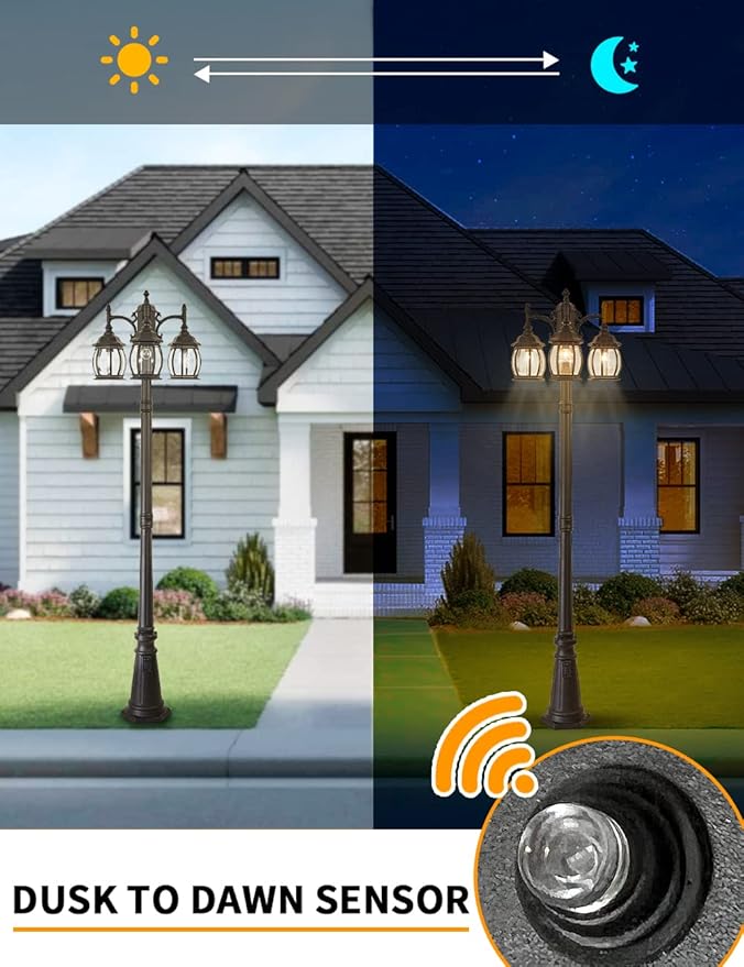 Dusk to Dawn Vintage Outdoor Post Light 82.7"H 3-Headed Lamp Post with Outlet IP65 Waterproof Street Lantern 3 Light Black Clear Glass Outdoor Lamp Post Lights E26 Outdoor Street Light Yard
