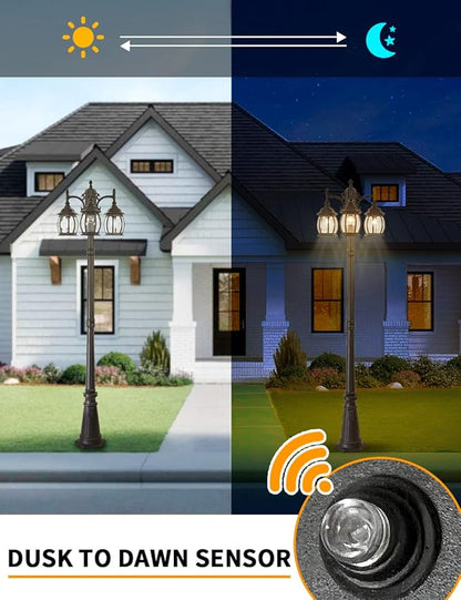 Dusk to Dawn Vintage Outdoor Post Light 82.7"H 3-Headed Lamp Post with Outlet IP65 Waterproof Street Lantern 3 Light Black Clear Glass Outdoor Lamp Post Lights E26 Outdoor Street Light Yard