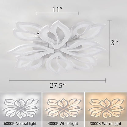 Modern LED Ceiling Light Fixture Dimmable, 28" White Modern Flower Ceiling Light with Remote Control, Low Profile Flush Mount for Bedroom, Kitchen, Living Room