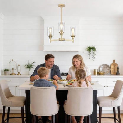 LIGHTDAMY 3-Lights Gold Chandeliers for Dining Room Light Fixture, Farmhouse Chandeliers Over Table, Hallway Lighting Fixtures with Glass Shade for Entryway Dining Room Kitchen Island Foyer