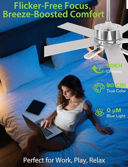 52-Inch DC Motor Ceiling Fan with LED Light and Remote, 5 Silver Plywood Blades, Reversible, Chrome Finish, 3 Color Temperatures, Dimmable Lighting, Energy Efficient Indoor Ceiling Fan