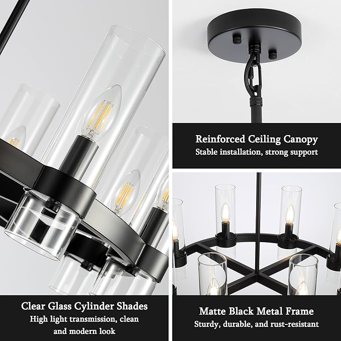 26 Inch Black Cross Wagon Wheel Chandelier with Glass Shades, 8 Lights X-Frame Farmhouse Chandelier, Modern Rustic Pendant Light for Dining Room, Kitchen Island, Entryway