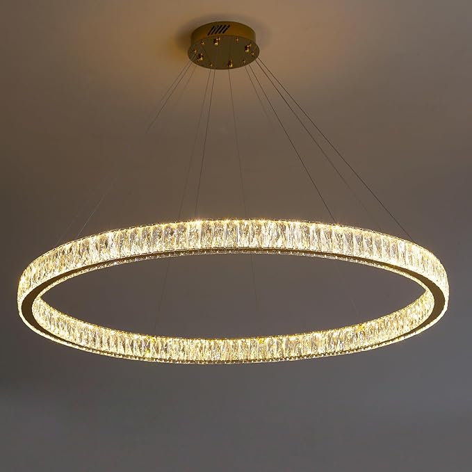 Modern Large Gold Ring Chandelier Dimmable LED 47.5in Adjustable Gold Crystal Ring Pendant Light Fixtures for Dining Room Living Room