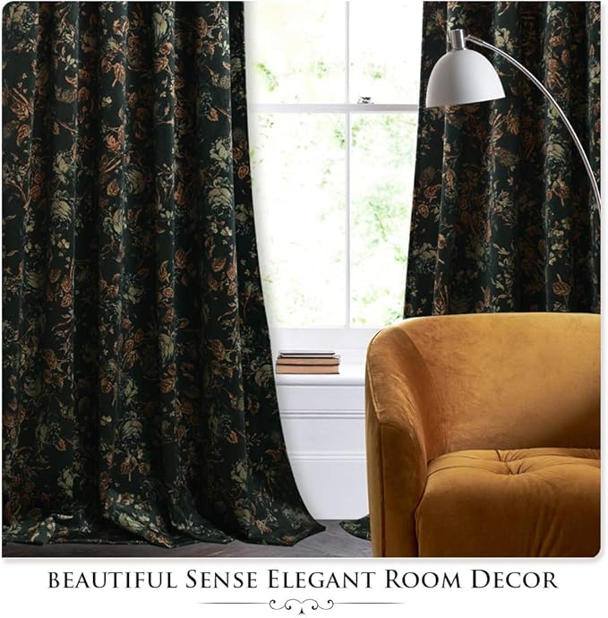 StangH Floral Black Velvet Curtains for Living Room - Retro Home Decor Room Darkening Window Curtain Panels for Bedroom, Thermal Insulated Privacy Drapes for Sliding, W52 x L108, 2 Panels