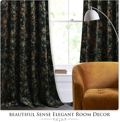 StangH Floral Black Velvet Curtains for Living Room - Retro Home Decor Room Darkening Window Curtain Panels for Bedroom, Thermal Insulated Privacy Drapes for Sliding, W52 x L108, 2 Panels