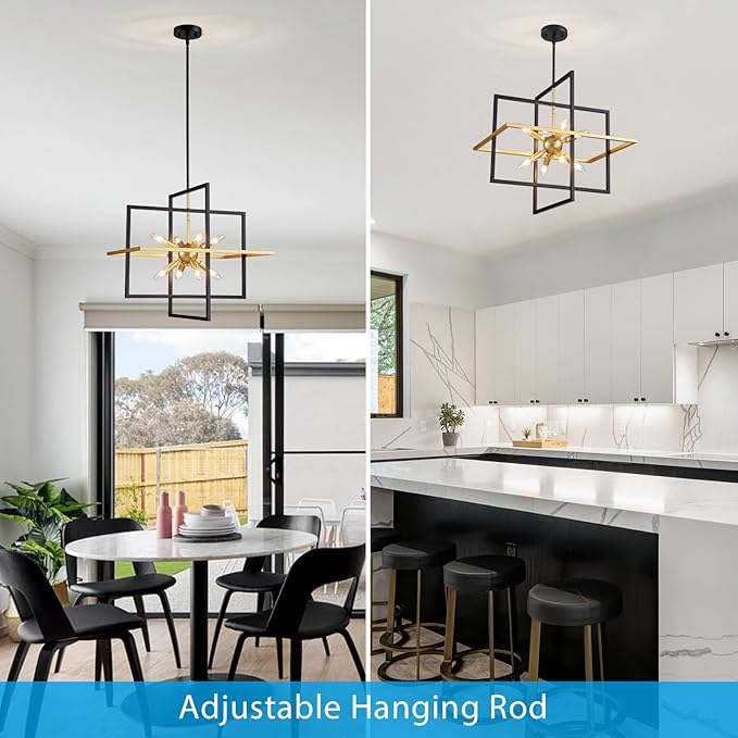 XINGQI 22" Rustic Geometric Pendant Lighting 8-Light Black and Gold Farmhouse Chandelier Ceiling Light Fixtures for Dining Room Living Room Kitchen Island Bedroom Hallway