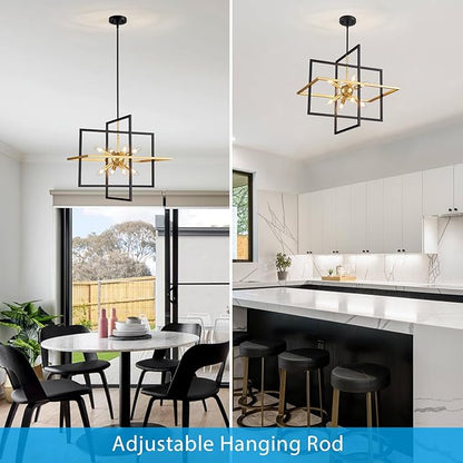 XINGQI 22" Rustic Geometric Pendant Lighting 8-Light Black and Gold Farmhouse Chandelier Ceiling Light Fixtures for Dining Room Living Room Kitchen Island Bedroom Hallway