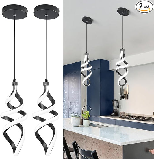 Modern Led Pendant Light Fixture, 15W Black Spiral Led Chandelier Hanging Lamp, 4500K Daylight White Pendant Lamp, Adjustable Height Pendant Light for Dining Room Bedroom Kitchen Island Cafe(2 Pack)