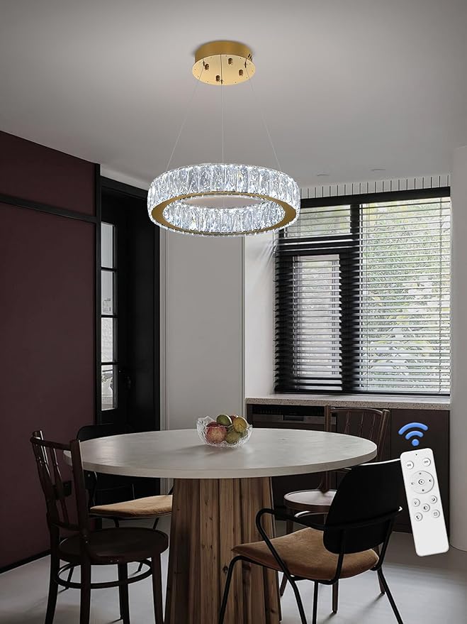 Modern LED Ring Pendant Light Dimmable Crystal Chandelier 15.7" Gold Crystal Chandelier for Dining Room Living Room