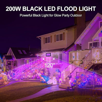 200W IP66 Blacklight Flood Light for Party + 10ft Cable, Waterproof Outdoor LED for Glow in The Dark, Blacklight Party, Christmas, Birthday, Dance, 2 Pack