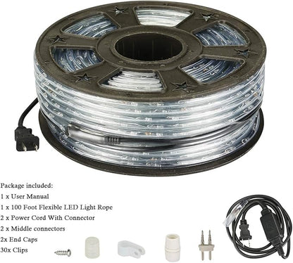 100Ft LED Rope Lights, 1080 LEDs Waterproof Rope Lights, 110V Cuttable Connectable Rope Lights Waterproof Decorative Lighting for Indoor/Outdoor, Halloween and Christmas Decorations(Cold White)