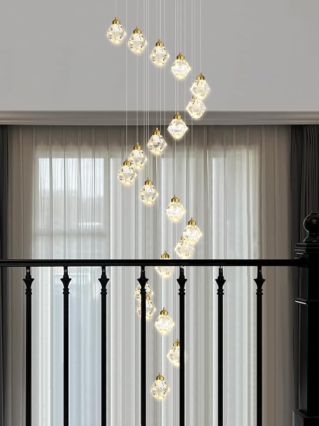 20-Light Modern Chandelier for Foyer Crystal Chandeliers for Living Room Gold Pendant Light Fixture Staircase Chandelier for High Ceilings Dimmable LED Hanging Light with Remote