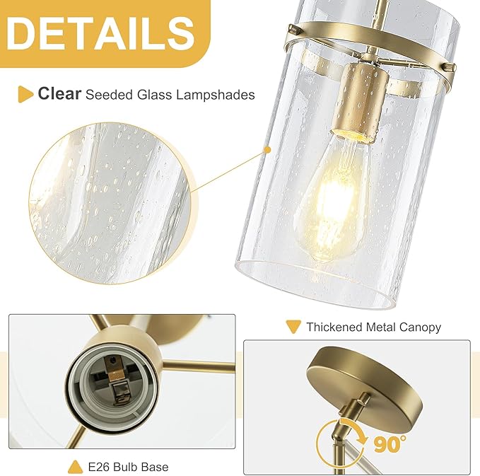 1 Pack Seeded Glass Pendant Lights Kitchen Island, Hanging Modern Pendant Light Fixtures, 5.5" Matte Gold Pendant Lighting Island Lights for Kitchen Over Sink Entryway Hallway