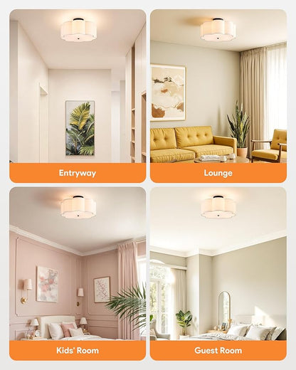 VONLUCE Semi-Flush Mount Ceiling Light, 15.7" Modern 3-Light Ceiling Light Fixture with White Petal-Shaped Shade 3 E26 Sockets for Bedroom Entryway Living Room, Black Finish, ETL Certificated