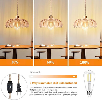 QIYIZM Plug in Pendant Light Hanging Lights with in Cord Mid Century Modern Gold Hanging Lamp Flower Glass Amber Vintage Dimmable Chandelier Ceiling Fixture for Living Room,Kitchen,Boho