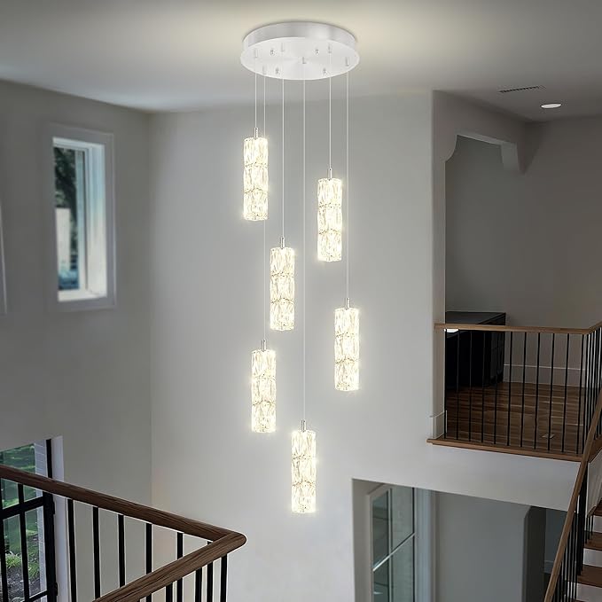 ykolupty H78 Pendant Lights Kitchen Island 6-Lights Pendant Chandelier for Dining Room Hallway Stairwell,LED Dimmable 2700K-6000K (Silver Chandelier)